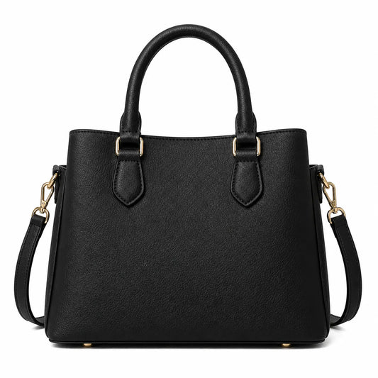 Elara Classic Black Leather Handbag with Shoulder Strap for Women